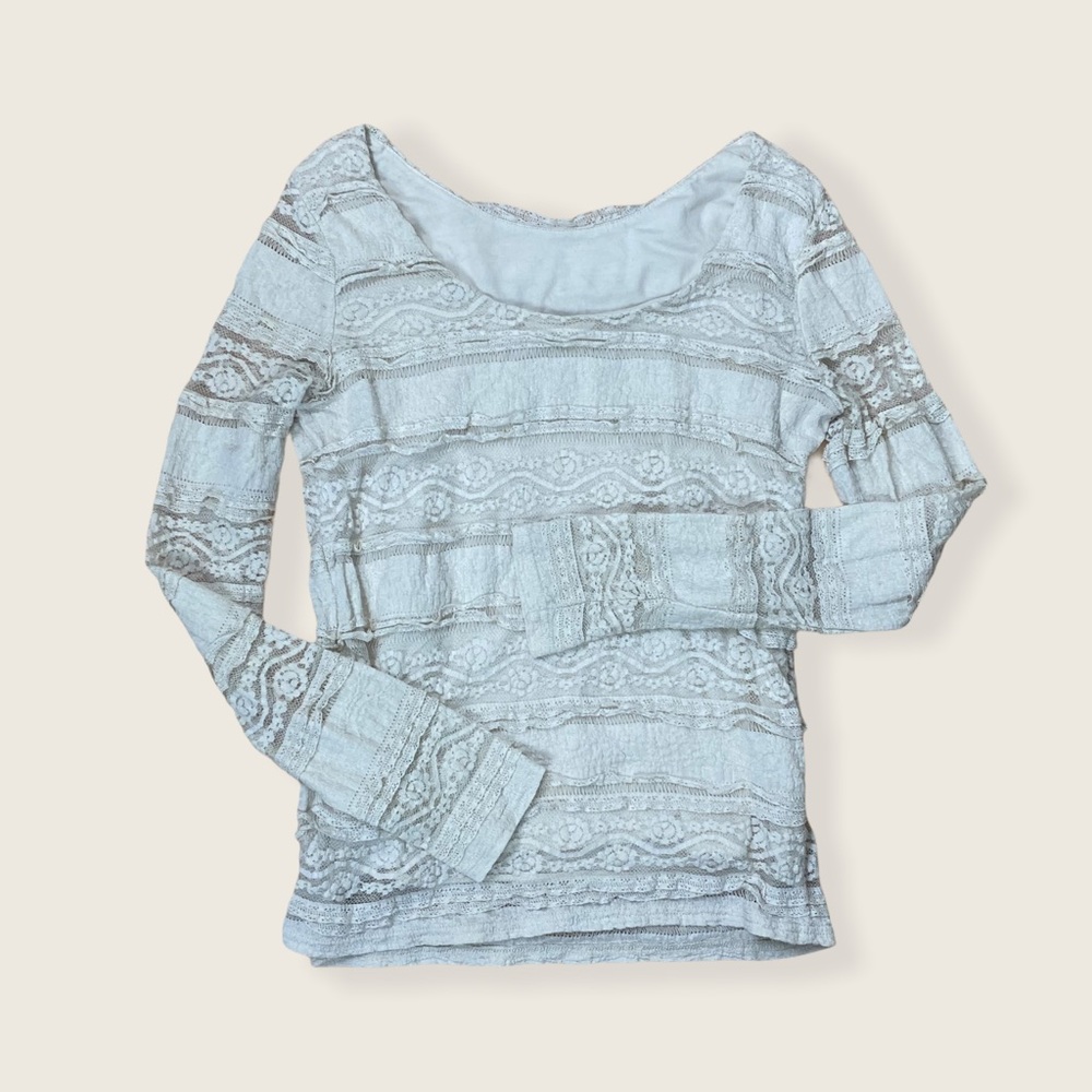 H&M Cream Frill Ruffle Long Sleeve Lace Tee M
